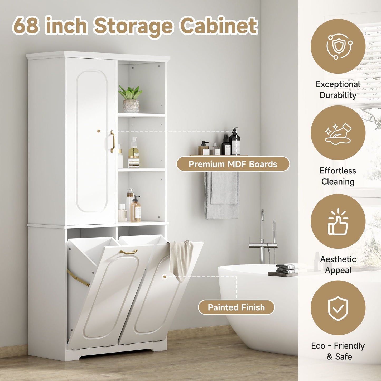 Freestanding Tall Storage Cabinet With 2 Tilt-Out Hampers