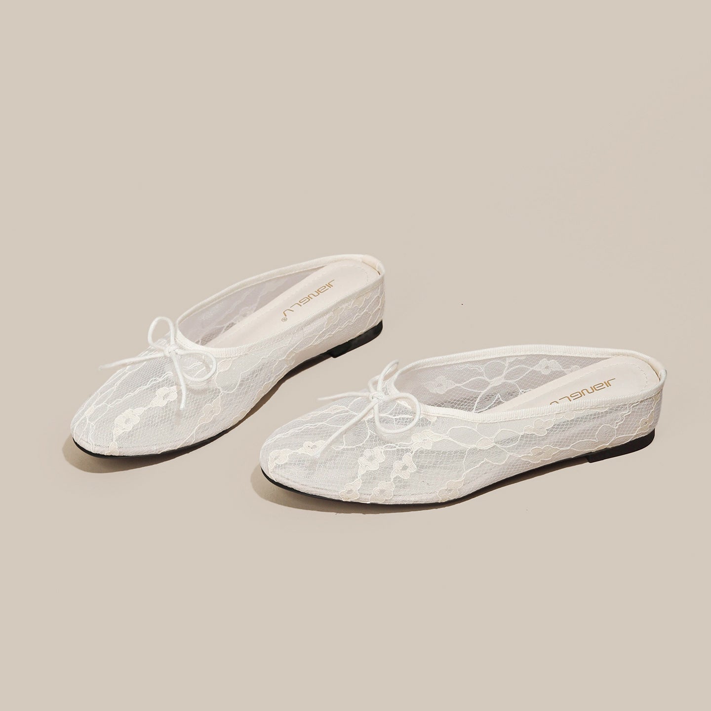 4cm Hidden-Heel Bow-Knot Lace Fishnet Breathable Hollowed-Out Closed-Toe Half Slippers