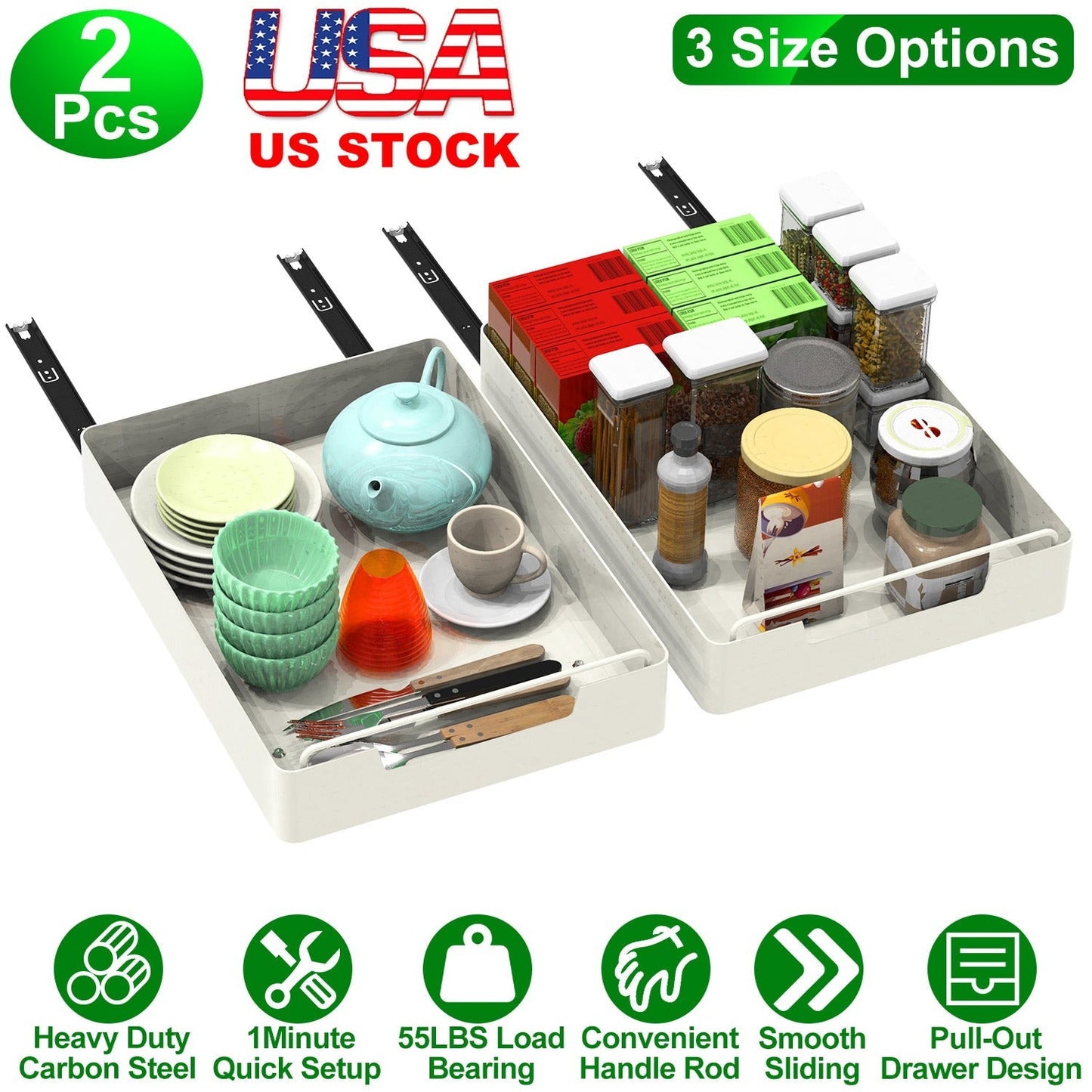 2Pcs Pull Out Cabinet Organizers Sliding Shelf Spice Rack Carbon Steel Roll Out Drawers Fixed with Adhesive Nano Film with Handle 55LBS Max Load
