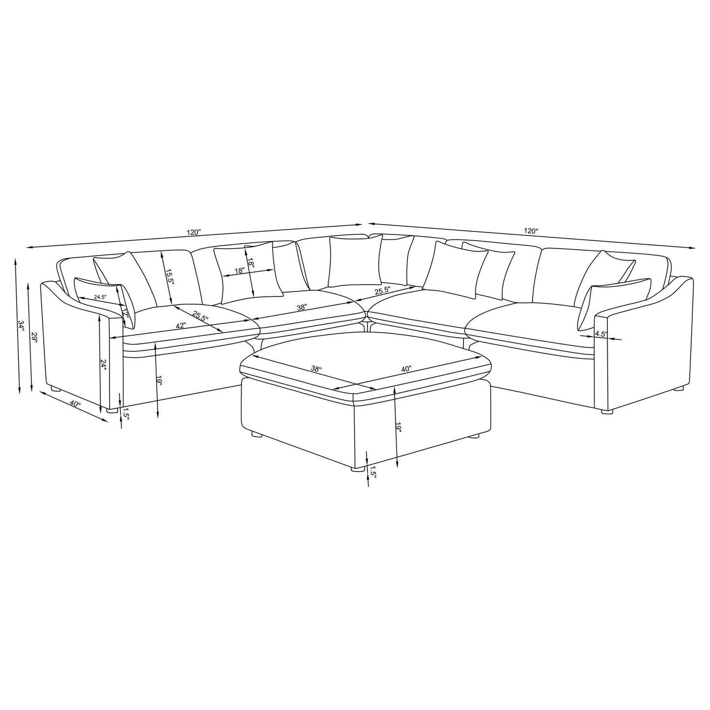 6 Piece Upholstered Modular Sectional Sofa With Reversible Cushions And Ottoman - Charcoal