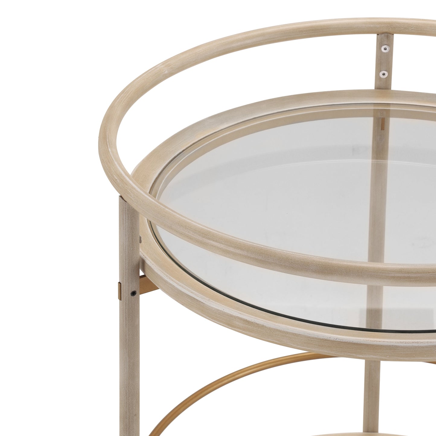 Round Bar Cart with Tempered Glass Shelves and Gold Accents