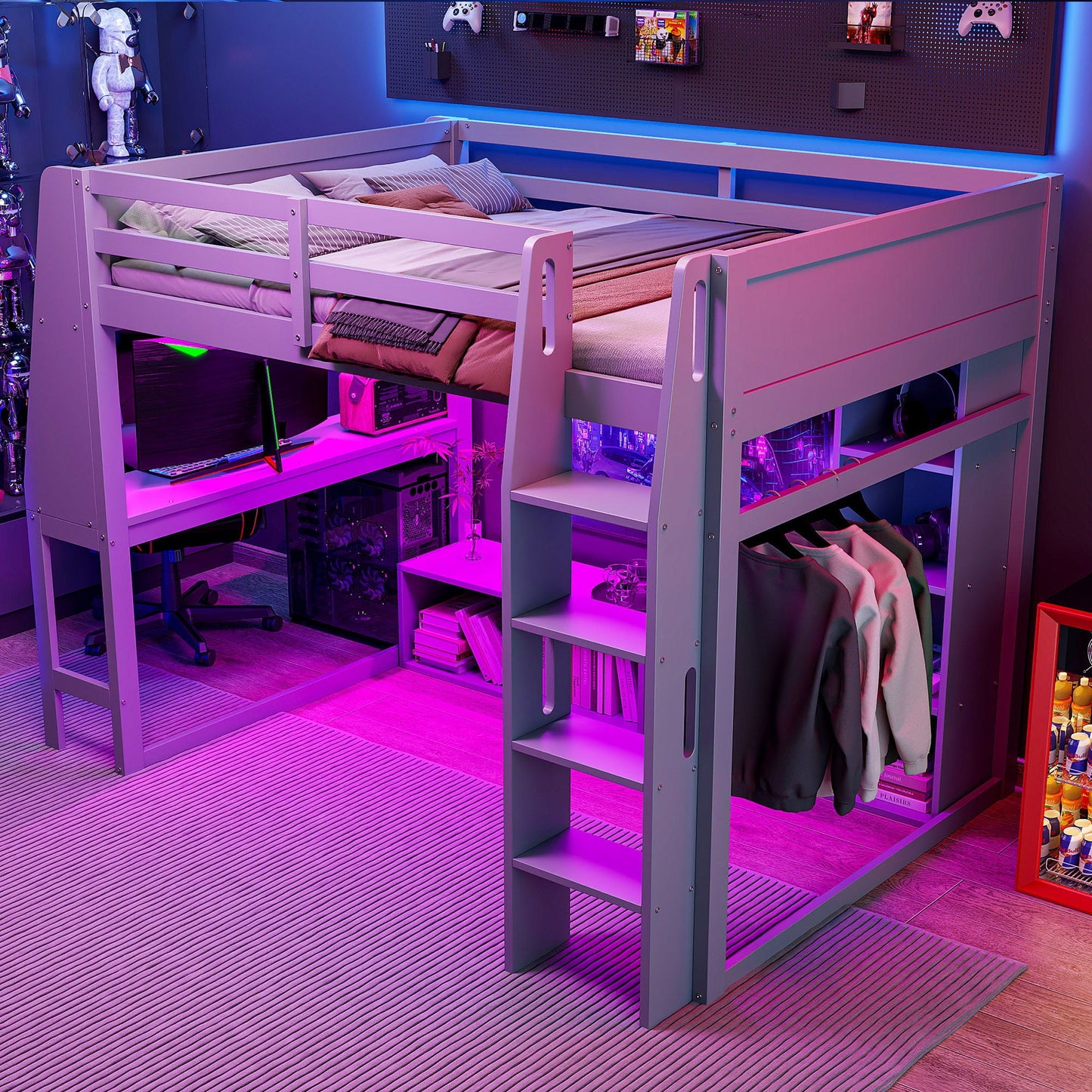 Gaming Loft Bed With Desk, Multi Storage Shelves, LED Lighting, And Hanging Clothes Rack