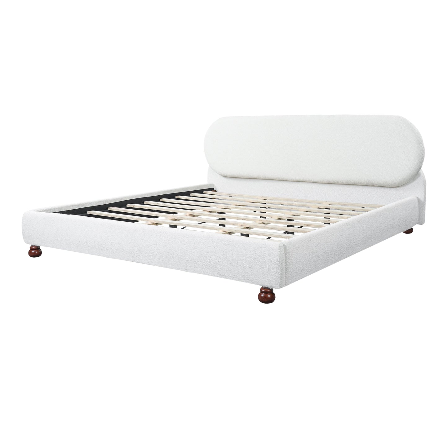 Cream-Colored Boucle Upholstered Bed with Rubber Wood Foot, King