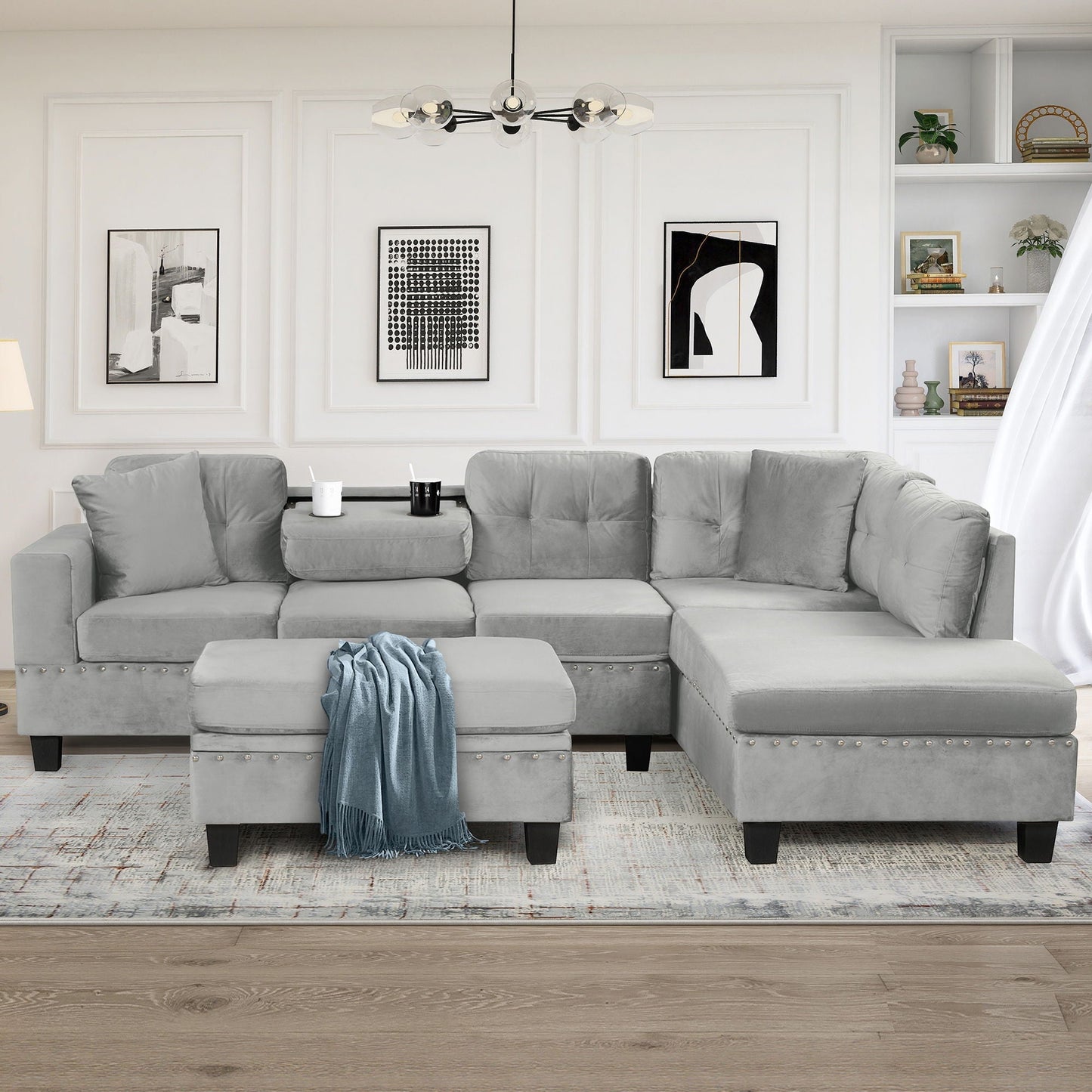 Modern Sectional Sofa With Storage Ottoman, L - Shape Couch With 2 Pillows And Cup Holders