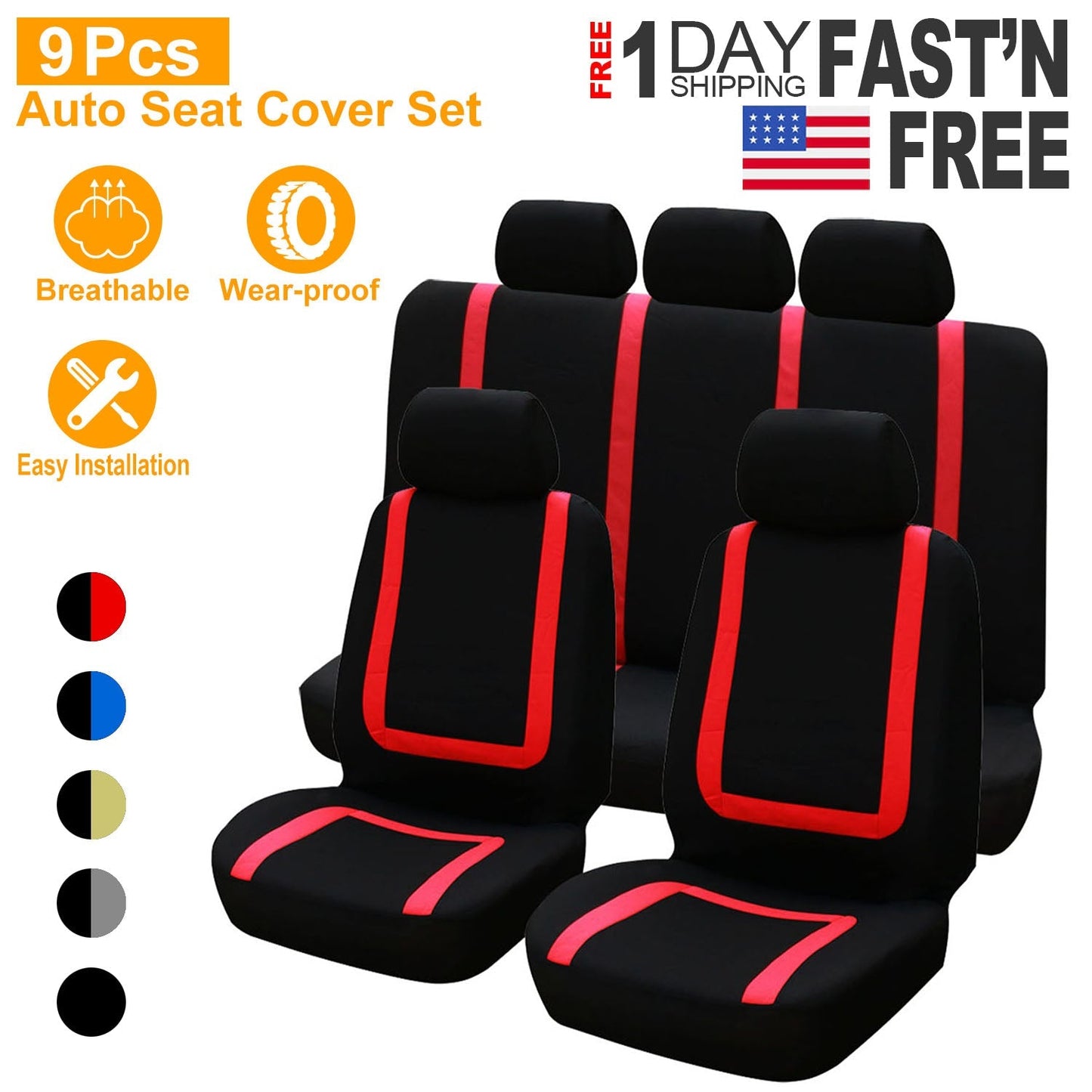 9Pcs Full Set Car Seat Covers For Auto Truck SUV Universal Front Rear Car Seats Headrest Protectors Split Bench Compatible
