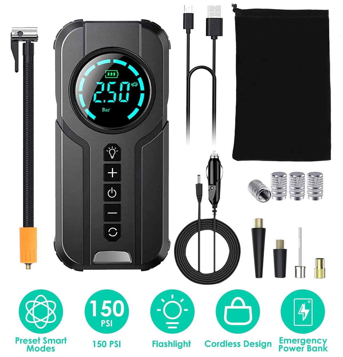 Car Tire Inflator Pump Portable Car Air Compressor Wireless Electric Air Pump 150 PSI with LED Light