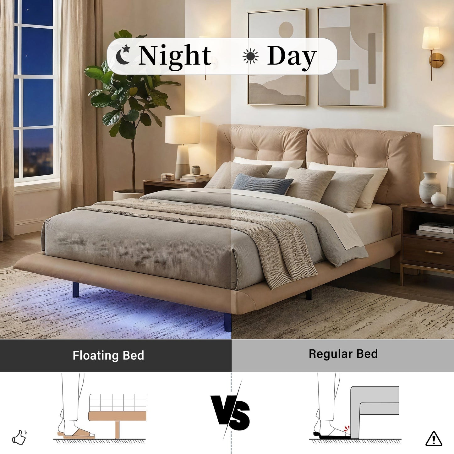 Queen Size Upholstered Floating Bed Frame with LED Lights, Khaki