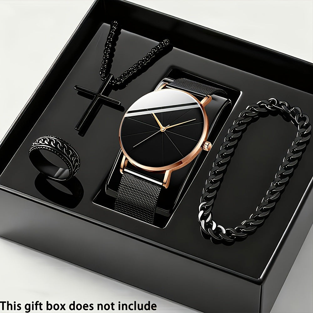 Men's Fashion Watch Ring Necklace Bracelet Set - Stainless Steel Jewelry Collection for Daily Wear