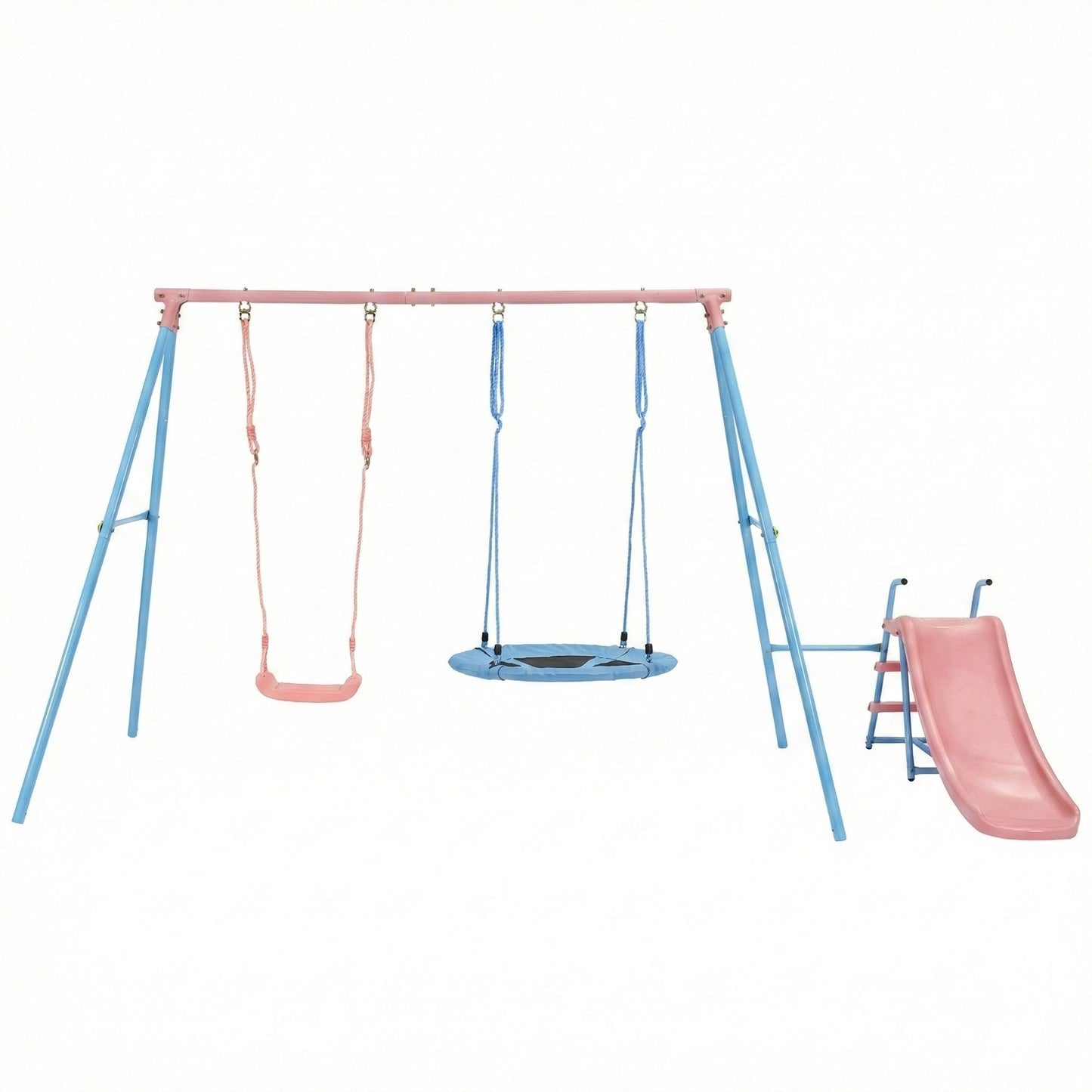 Xns107 - 2 Swing Set With Slide For Outdoor - Blue / Pink