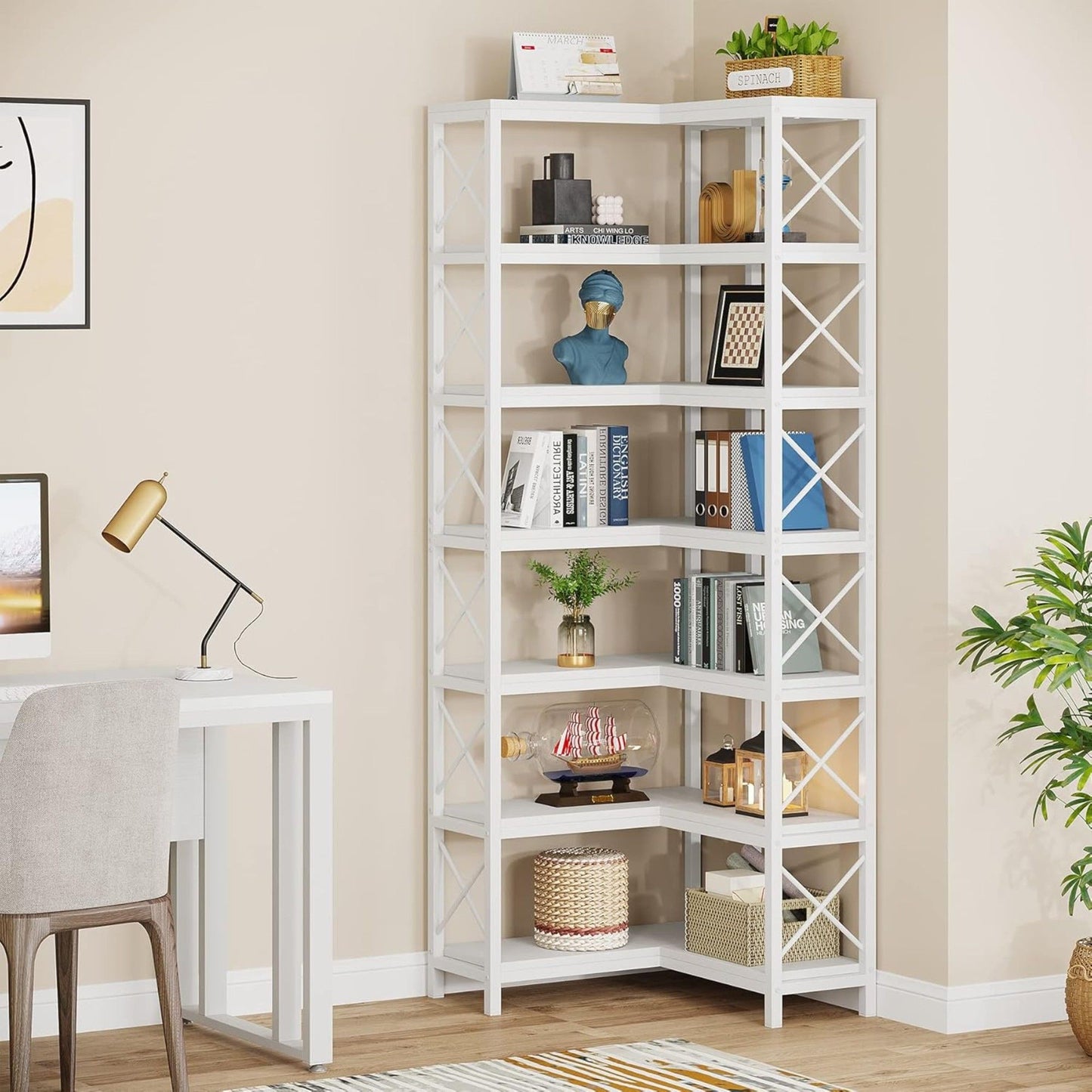 7 Tier Corner Bookshelf, Storage Unit For Living Room