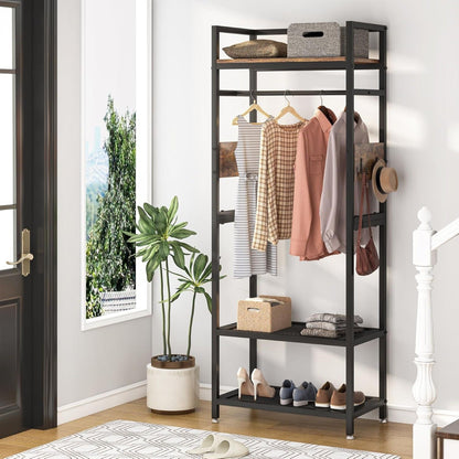 Rack With Hanging Rod, 4 Hooks, Heavy Duty Freestanding Closet Organizer - Brown / Black