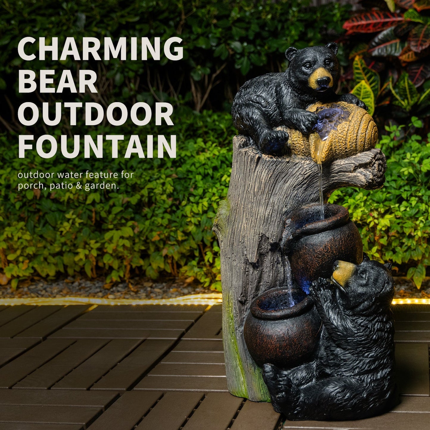 Bear Outdoor Water Fountain with LED Lights
