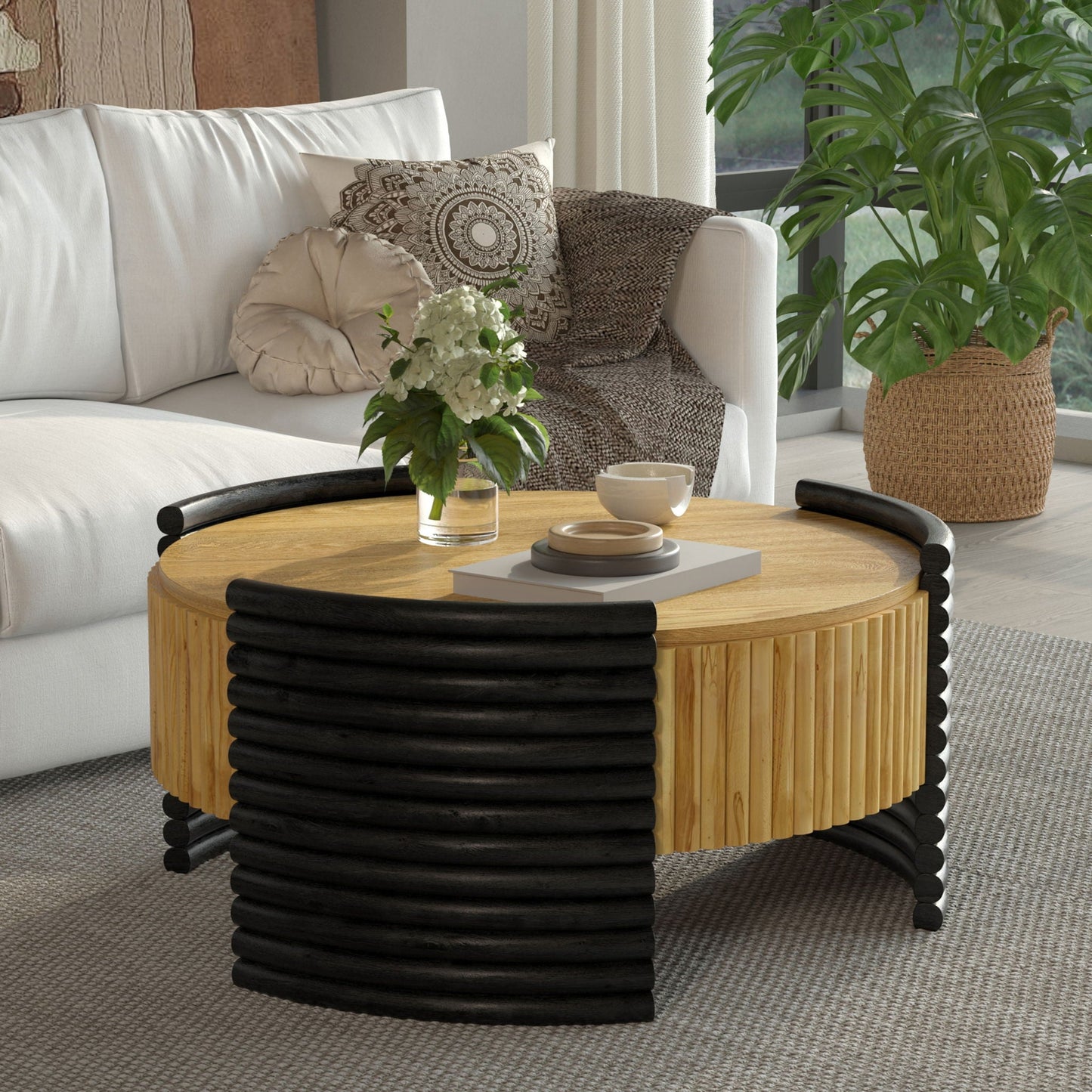 Modern Colorblocked Striped Coffee Table With Flip Top Storage