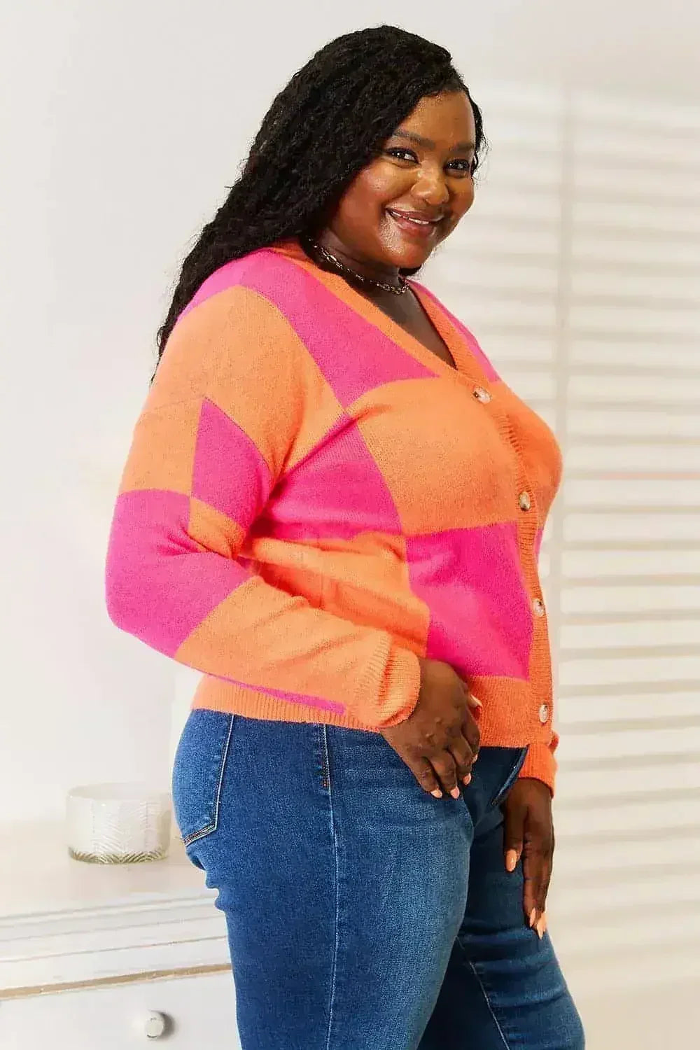 Checkered V-Neck Cardigan - Dropped Shoulder Style | Femstylo