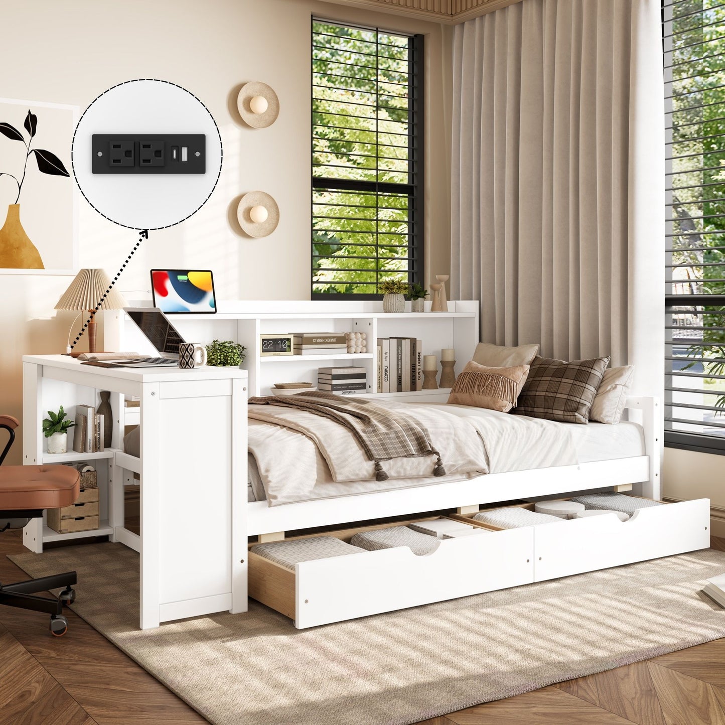 Corner Daybed With Storage Drawers, Desk, Charging Port & Bookcase