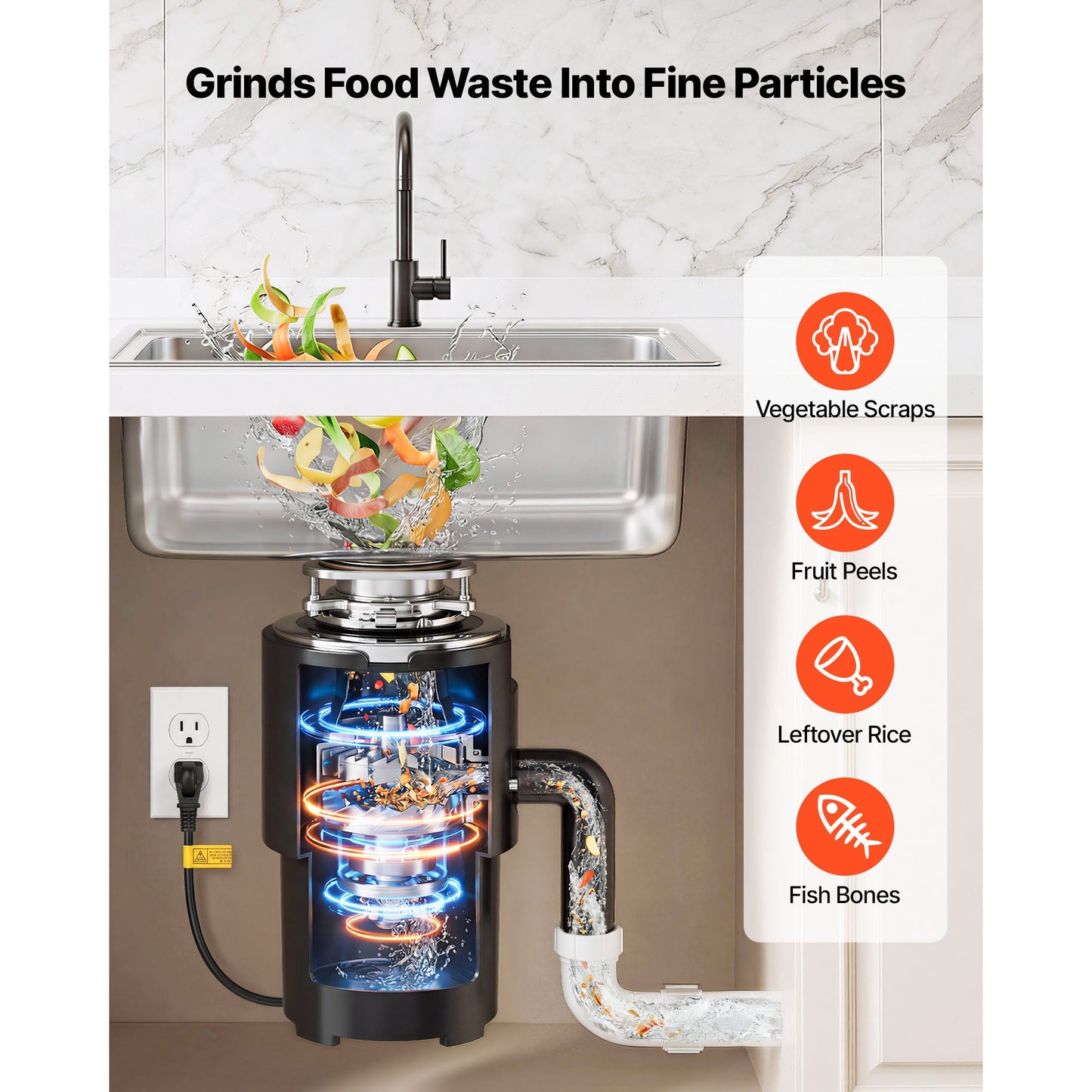 Food Waste Garbage Disposal with 3/4HP Motor and Continuous Feed
