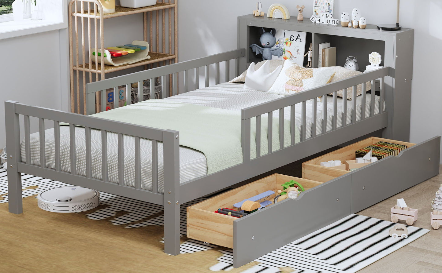 Bed With Headboard Storage Rack, 2 Under Bed Drawers, 3 Side Guardrails For Safety