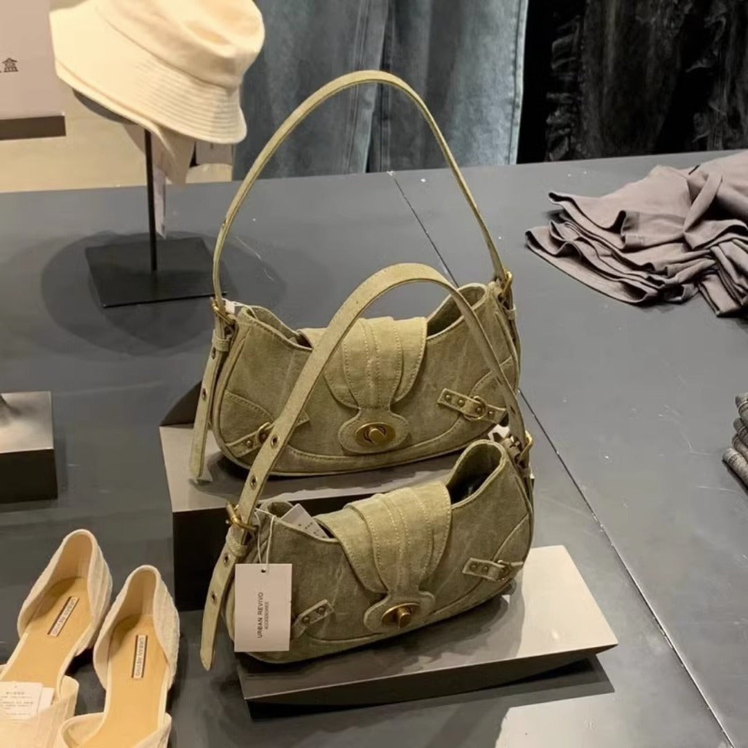 Vintage Army Green Splicing Armpit Bag – Stylish Small Shoulder Purse, Versatile Spring Spice Girl Bag & Handbag  hobo