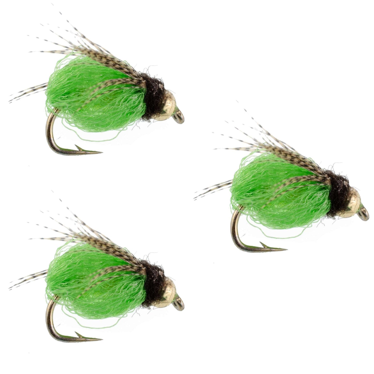 3 Pack Bead Head LaFontaine Bright Green Deep Sparkle Caddis Pupa - Hook Size 14