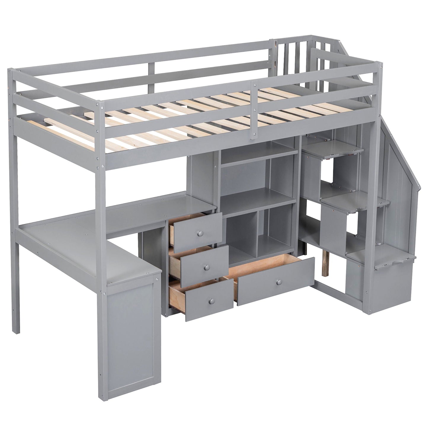 Loft Bed With L Shaped Desk, Drawers, Cabinet, And Storage Staircase