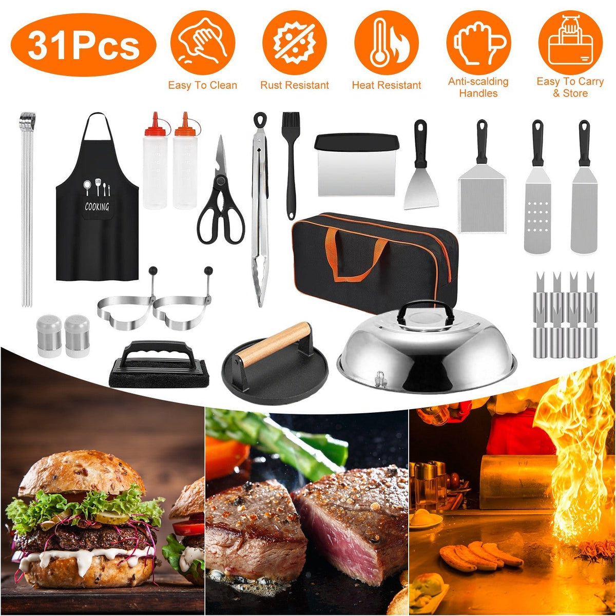 31Pcs Griddle Accessories Kit Flat Top Grill Accessories For Camp Chef with Spatulas Griddle Press Basting Cover Spice Shakers Vegetable Forks Steel S