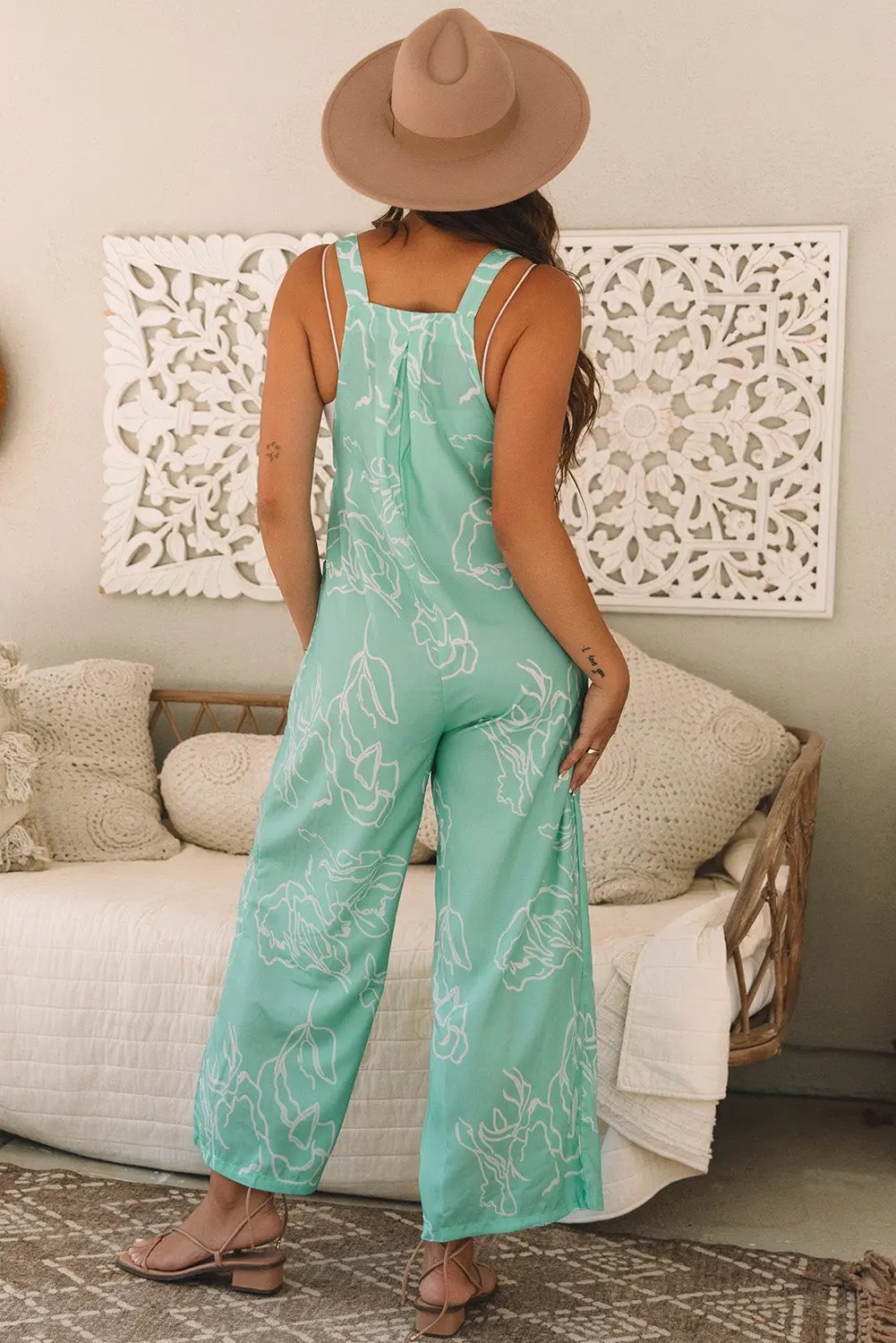 Women's Jumpsuits & Rompers Overalls Jumpsuit - Green Printed Wide Leg - Casual Style