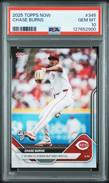 Graded 2025 Topps Now Chase Burns #345 Rookie RC Baseball Card PSA 10 Gem Mint