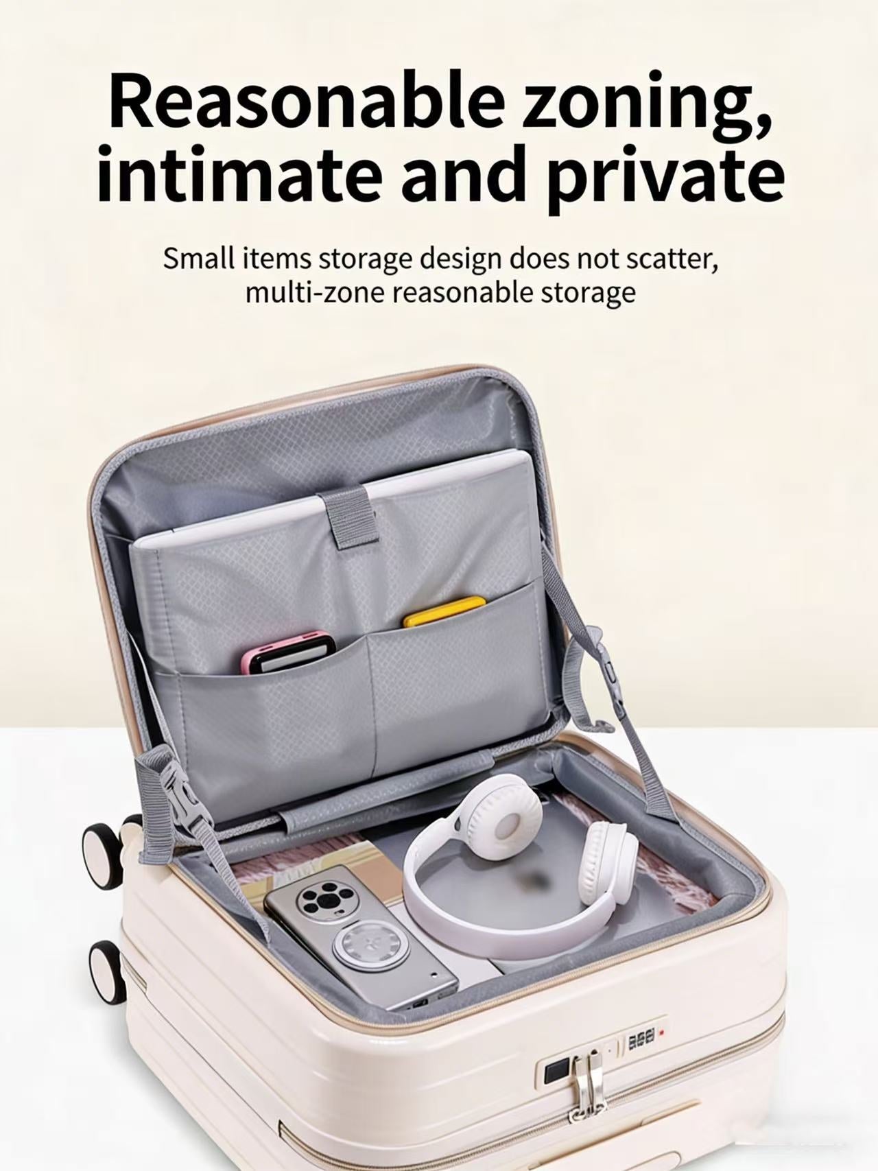 Front Opening Luggage Compartment With Front Open Tray And 20 Inch Cabin, Expandable Folding Cup Holder, Hidden Phone Holder, Dual USB Chargers. Travel Carrier