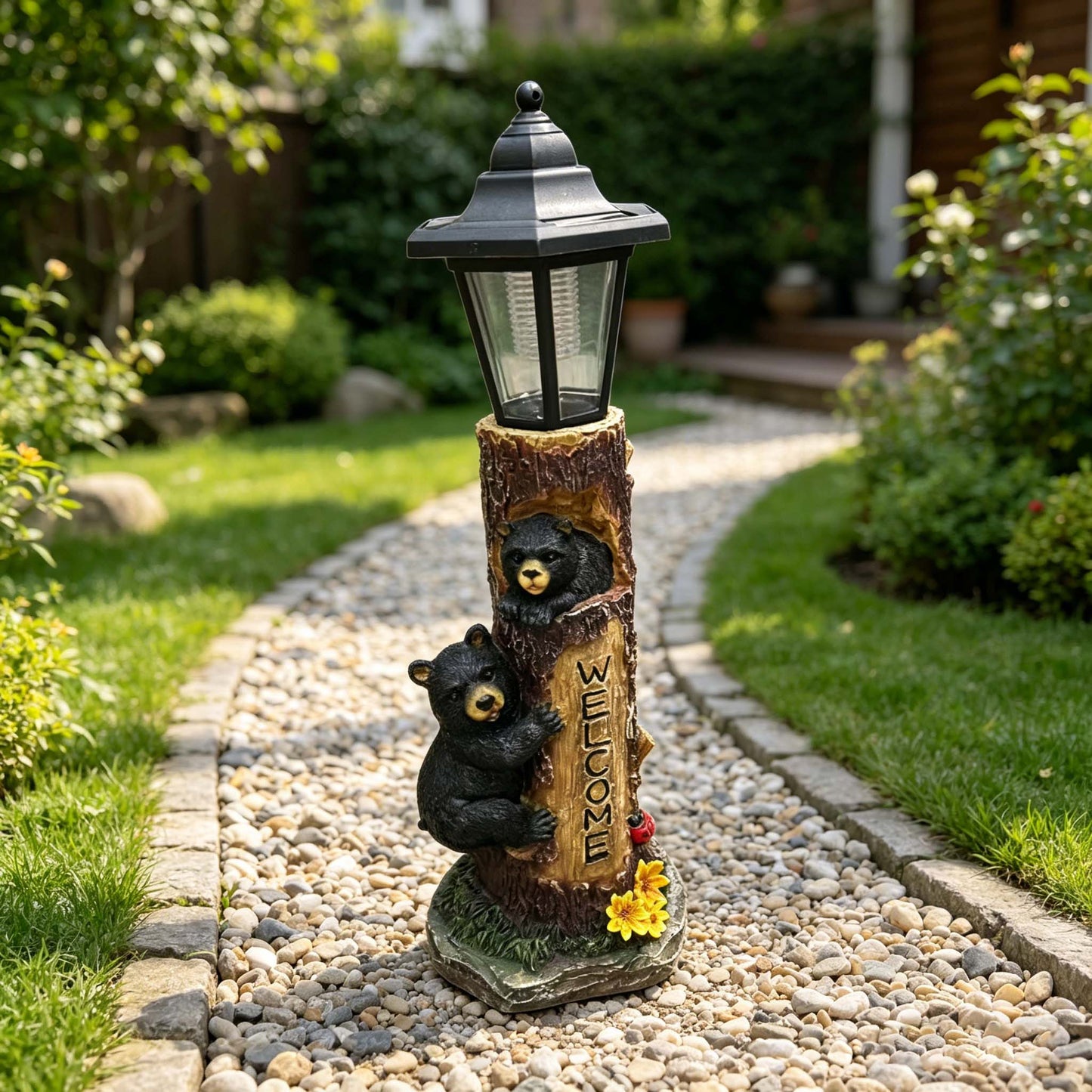 Solar-Powered Bear Welcome Statue