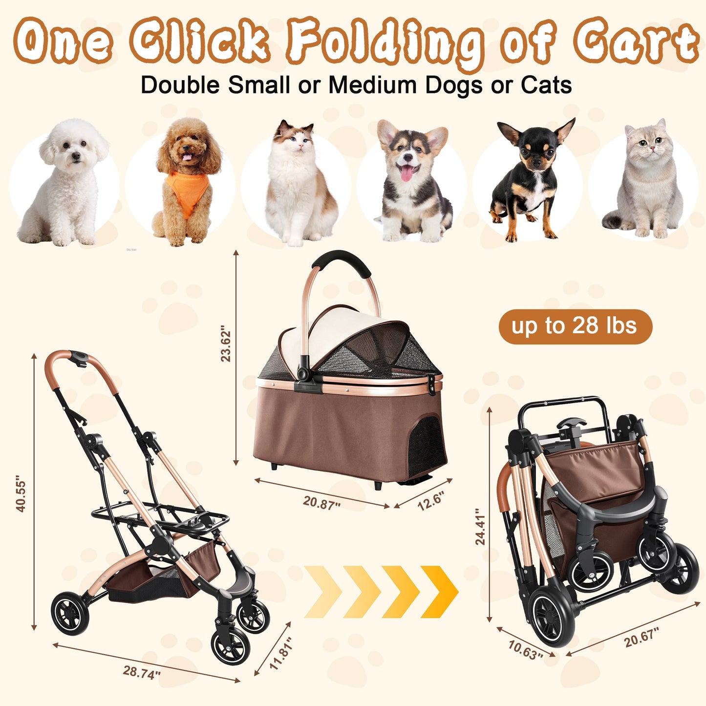 Pet Stroller for Dogs and Cats, 2-in-1 Detachable Foldable With Sun Canopy