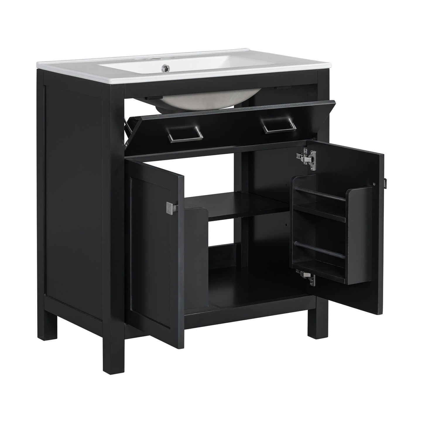 Bathroom Vanity With Ceramic Sink, Modern Single Bathroom Cabinet With 2 Doors And A Shelf, Soft Close Doors