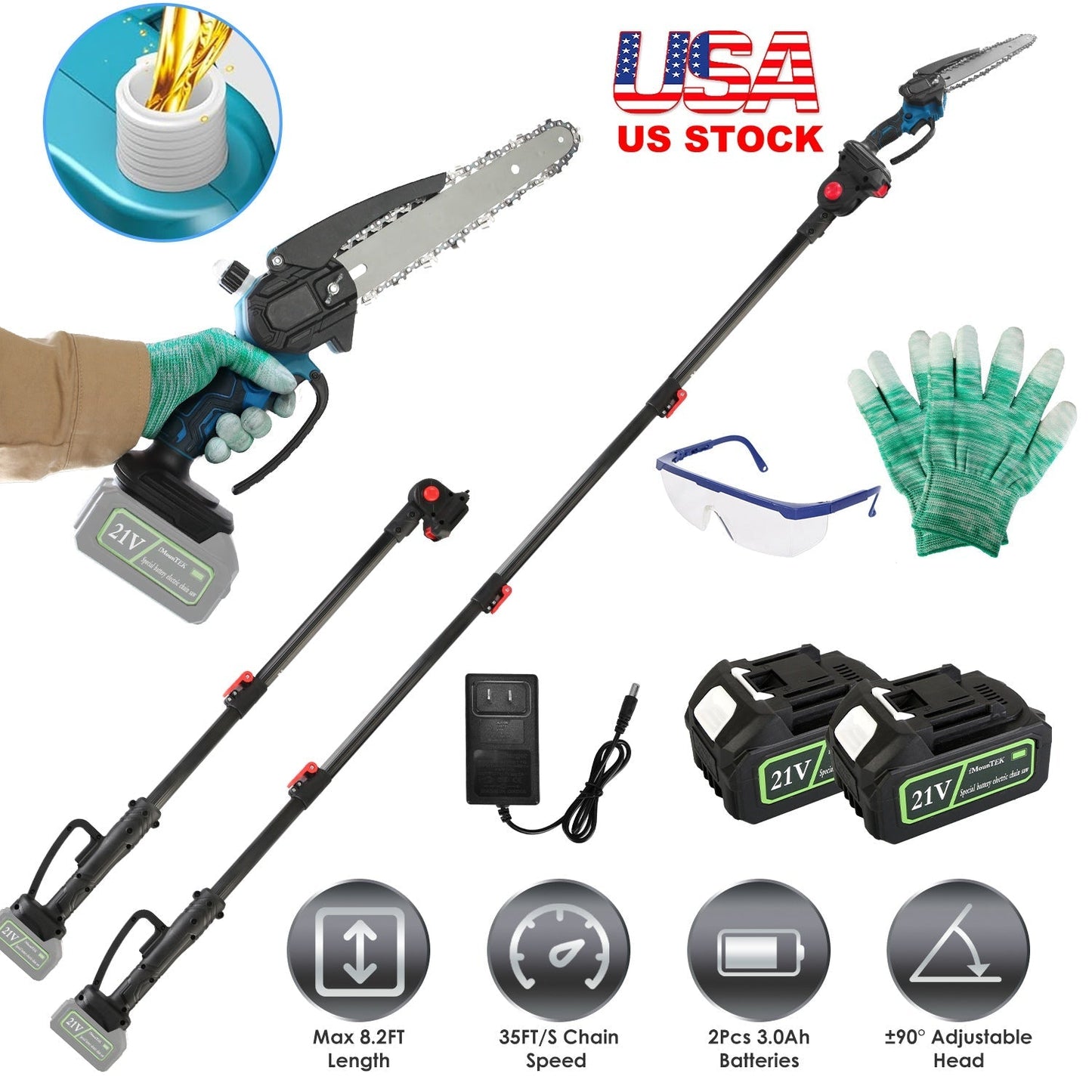 2-In-1 8Ó Cordless Electric Pole Saw and Mini Chainsaw with Extension Poles 2Pcs 21V 3.0Ah Batteries Adjustable Length Chain Saw With Auto Oiler Safet
