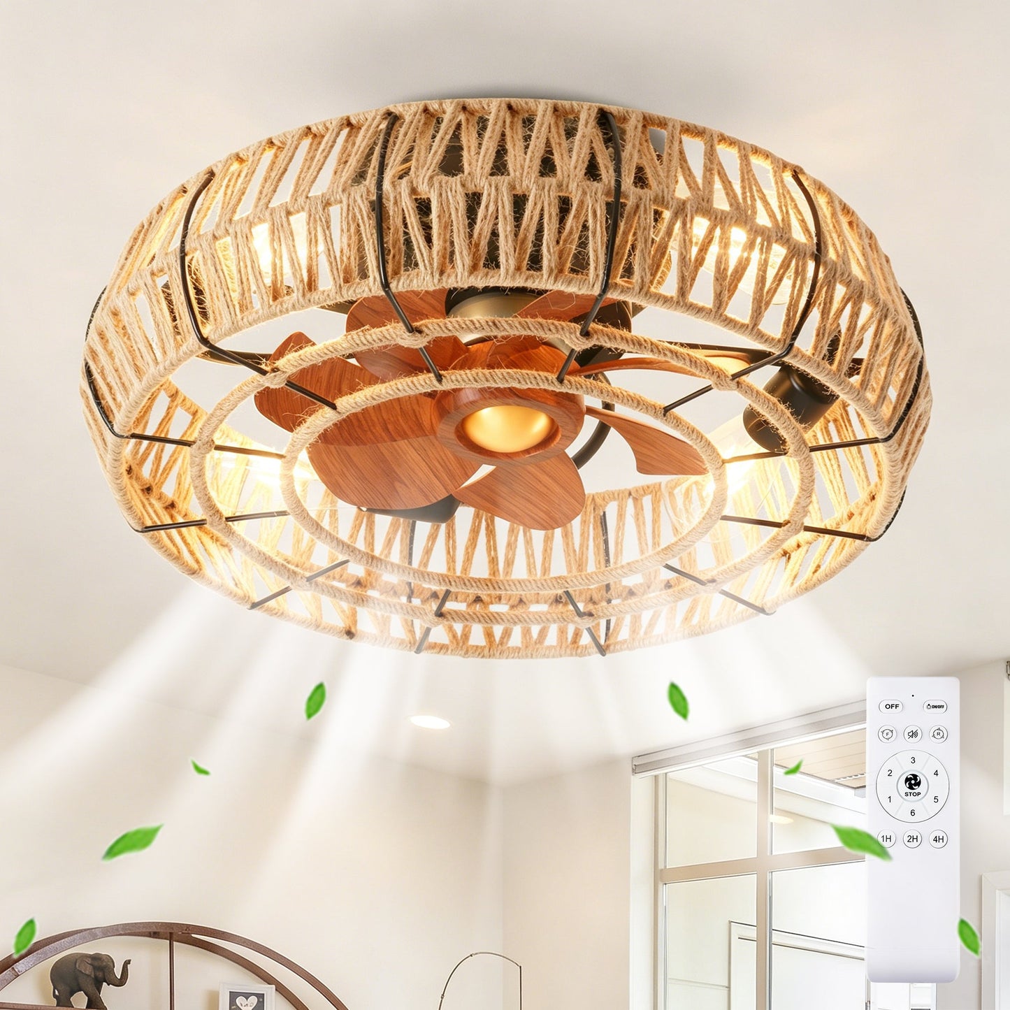 20" Rope Caged Flush Mount Ceiling Fan with Light Kit and Remote Control