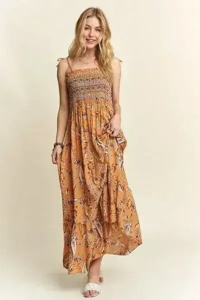 Square Neck Tie Shoulder Dress - Smocked & Floral | Femstylo