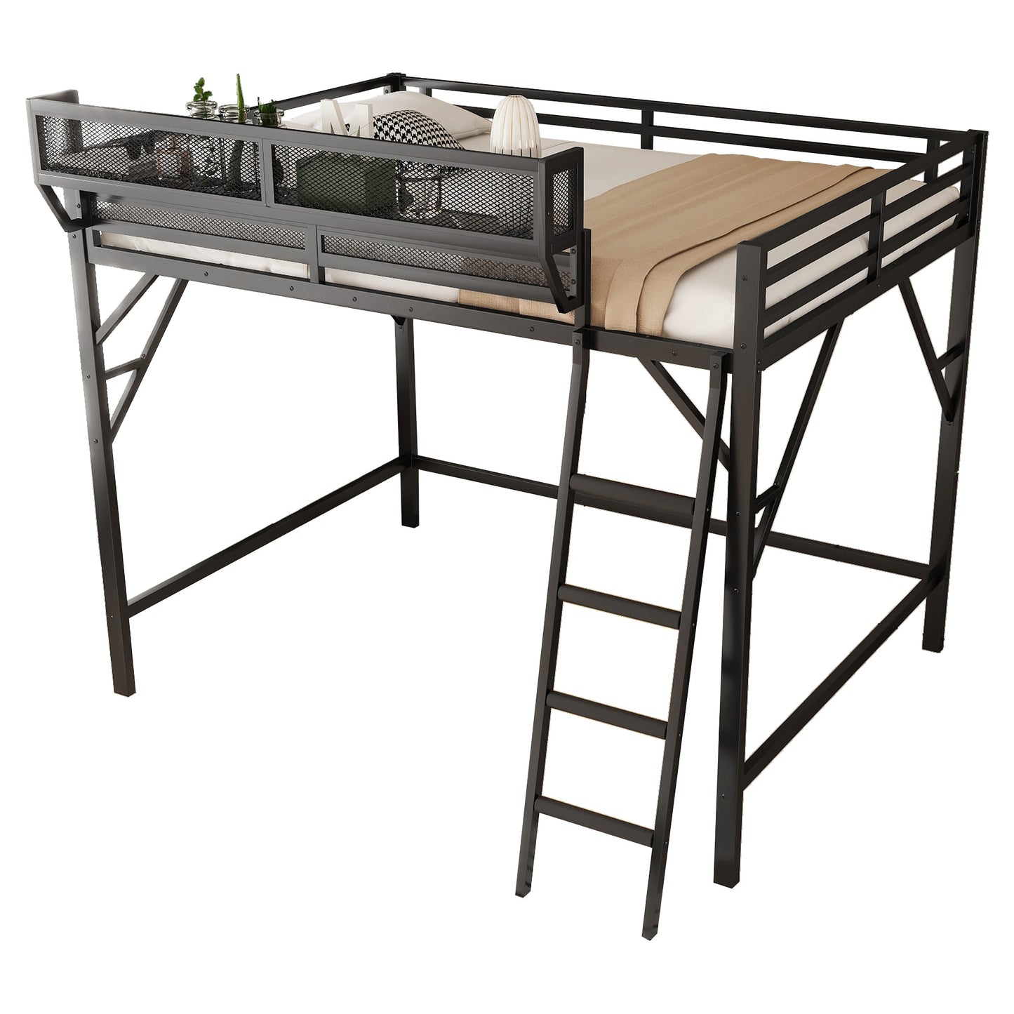 Full Size Loft Bed with Ladder and Storage Shelves