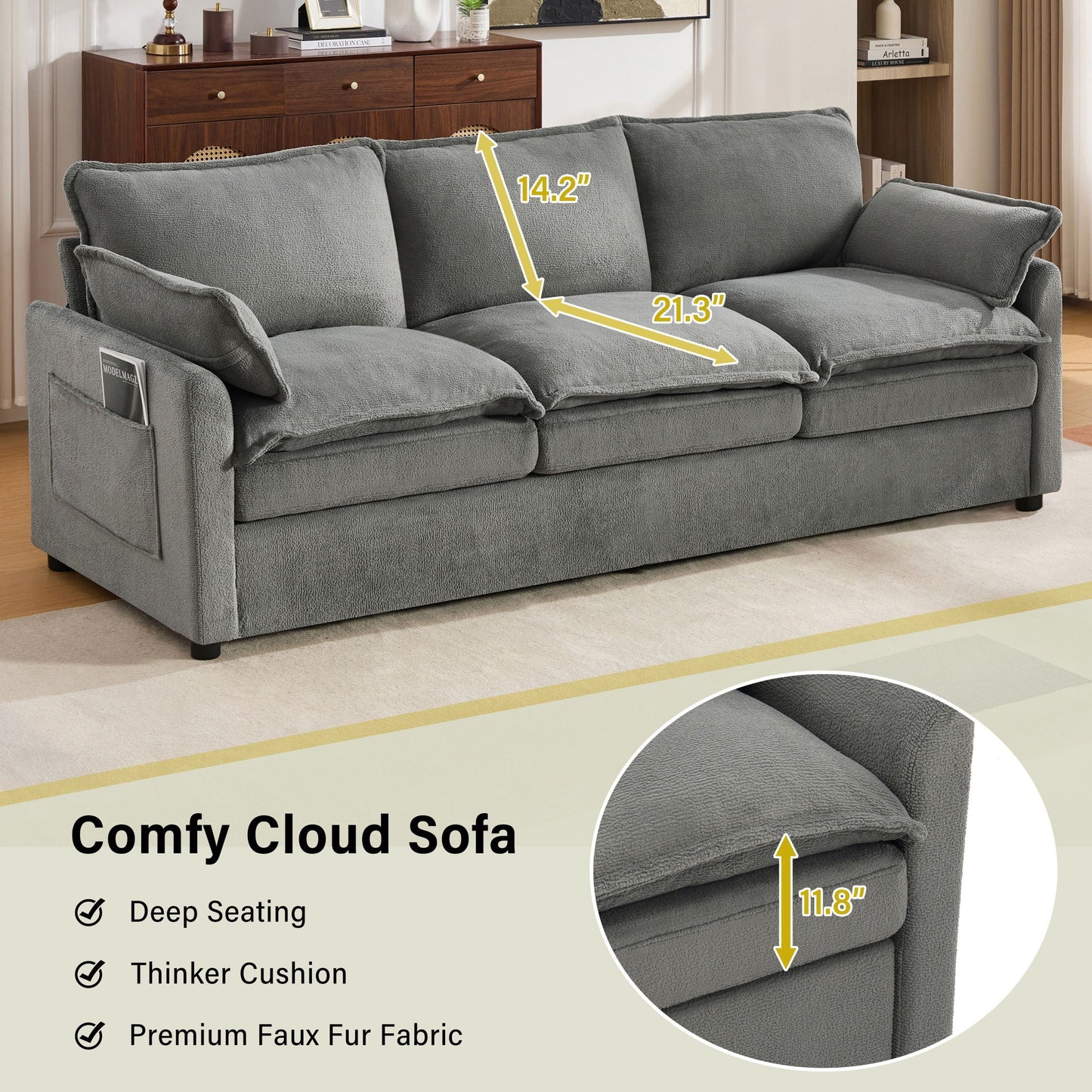 Modern 3 Seater Sofa With Side Storage Pockets For Living Room