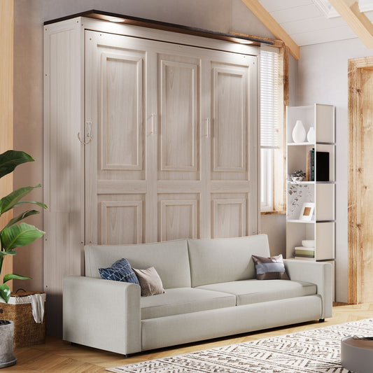 Queen Size Murphy Bed With Sofa And LED - Beige