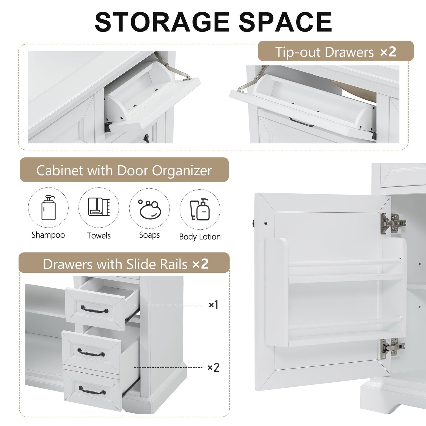 36" Bathroom Vanity With Sink, 2 Tip-Out Drawers, Soft Close Hinges