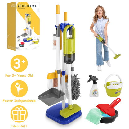 14Pcs Kids Cleaning Toy Set Toddler Housekeeping Pretend Play Kit with Vacuum Cleaner Broom Mop Organization Stand for Boys Girls Aged 3 4 5