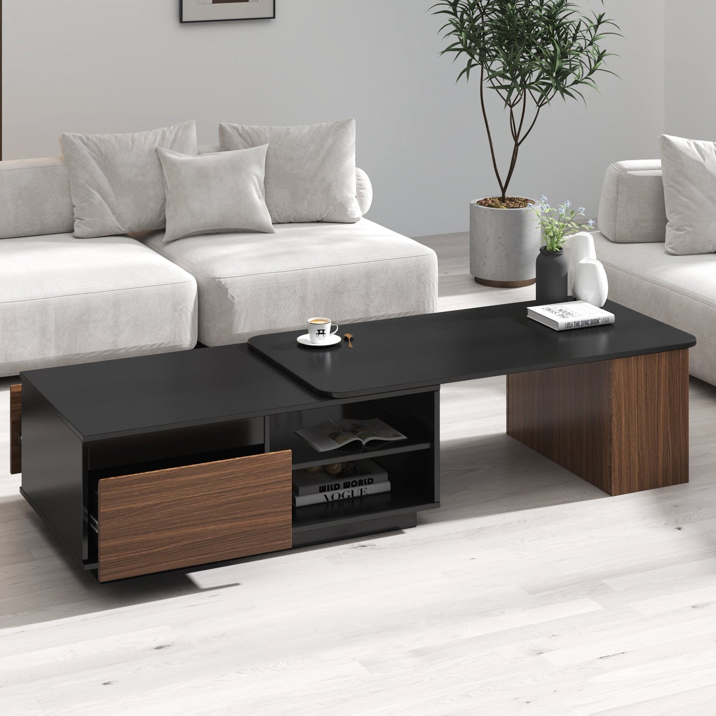 Extendable Coffee Table with 2 Storage Drawers