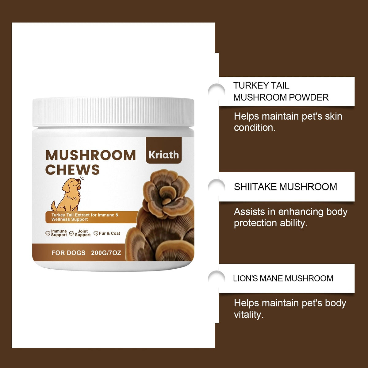 Kriath Mushroom Chewable Tablets For Dogs - Mild Formula For Daily Care And Nutritional Balance For Dogs