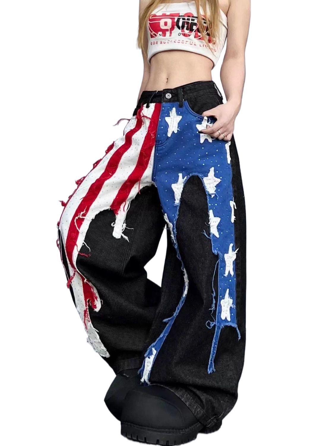 Womens American-style Washed Striped Heat-pressed Patch Jeans