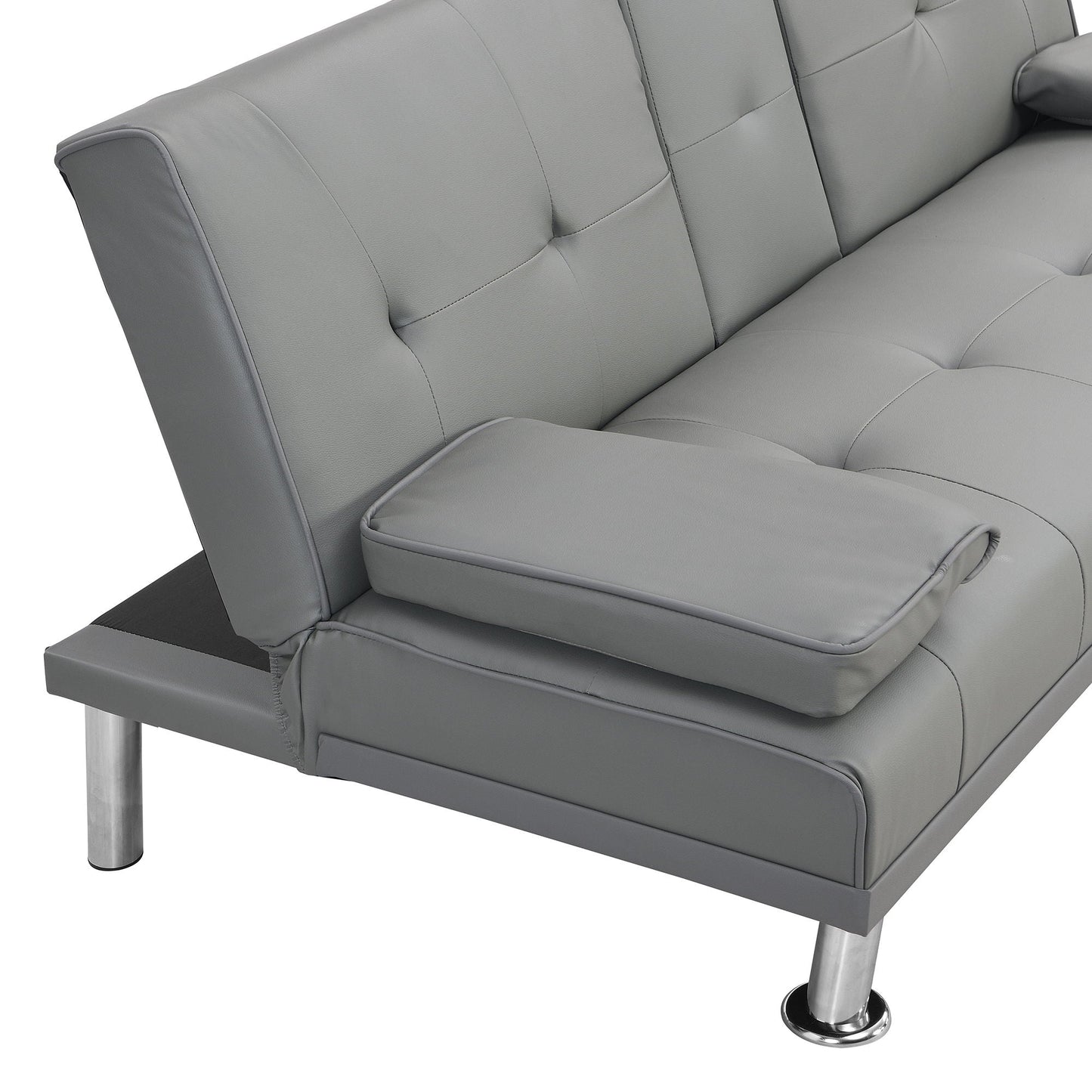 Sofa Bed With Armrest Two Holders Wood Frame, Stainless Leg Futon - Gray