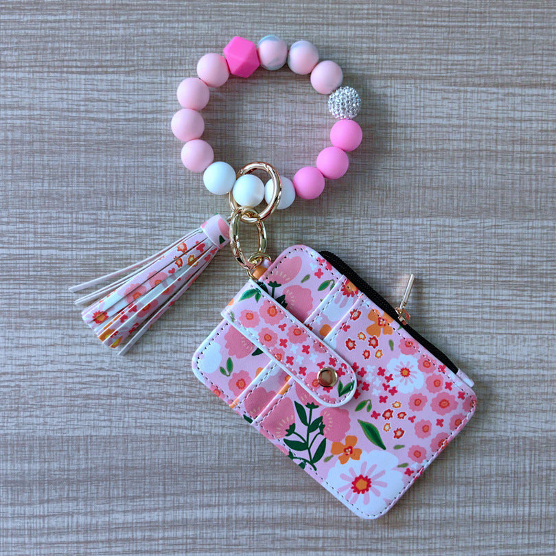 Womens Silicone Bead Bracelet Keychain Cardholder