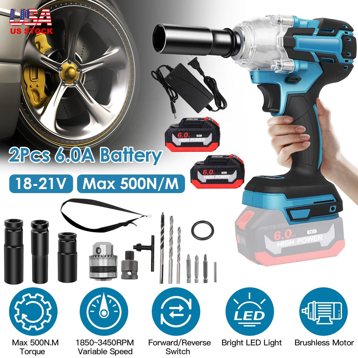 3-In-1 Cordless Electric Impact Wrench Drill Screwdriver with Brushless Motor Max 3450RPM Variable Speed 2Pcs 6.0Ah Batteries 3 Sockets 3 Screwdriver