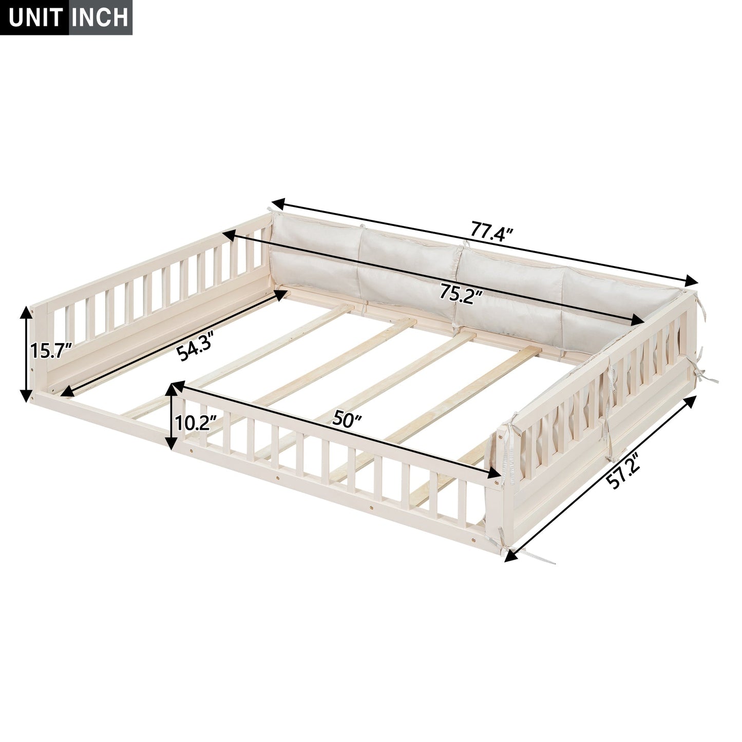 Wood Full Size Upholstered Platform Bed with Guardrail and Pillow