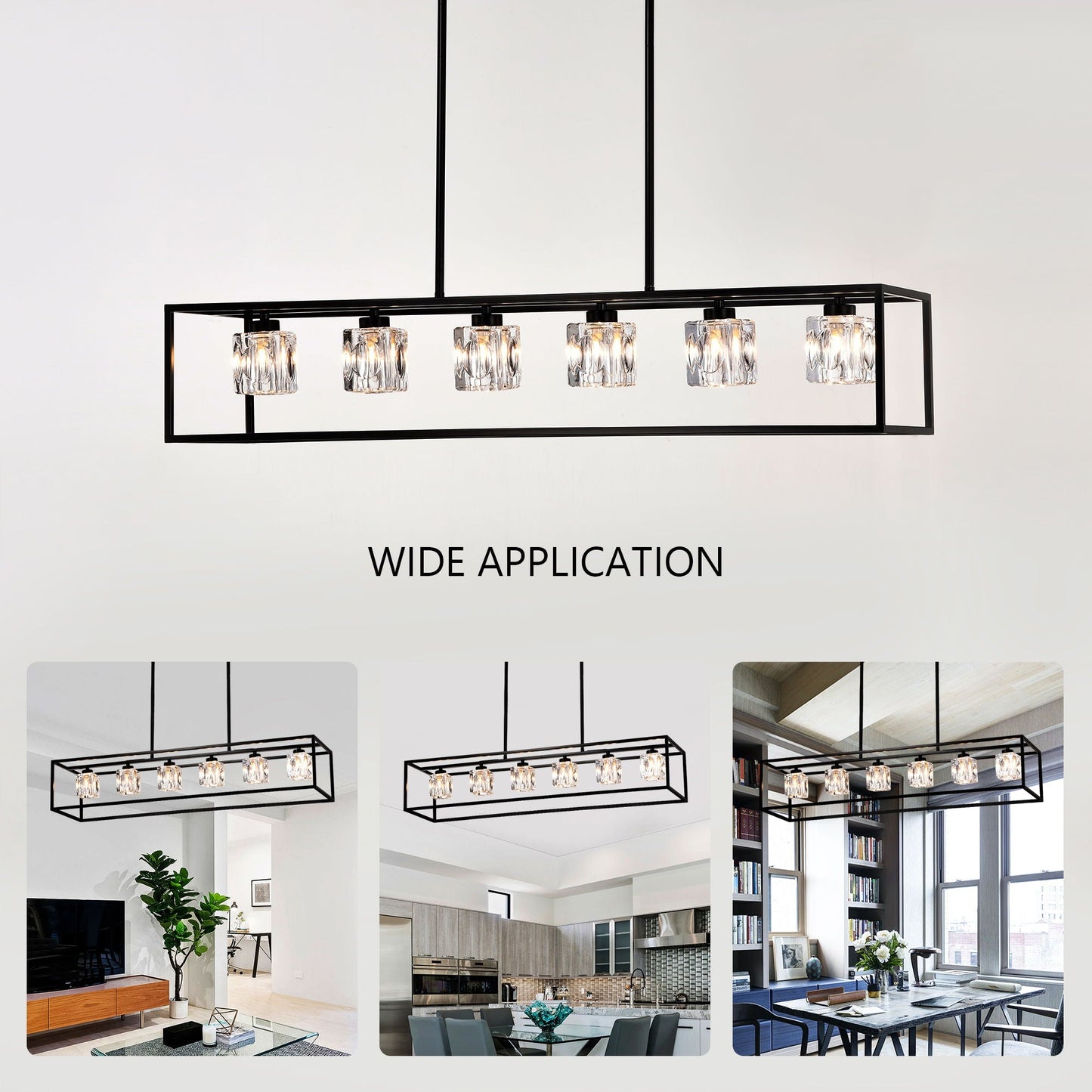 6 Light Farmhouse Chandelier, Modern Industrial Linear Rectangular Crystal Pendant Light Cage Chandelier For Dining Room, Kitchen Island, Bar, Long Table, G9*6 Bulbs Included - Matte Black