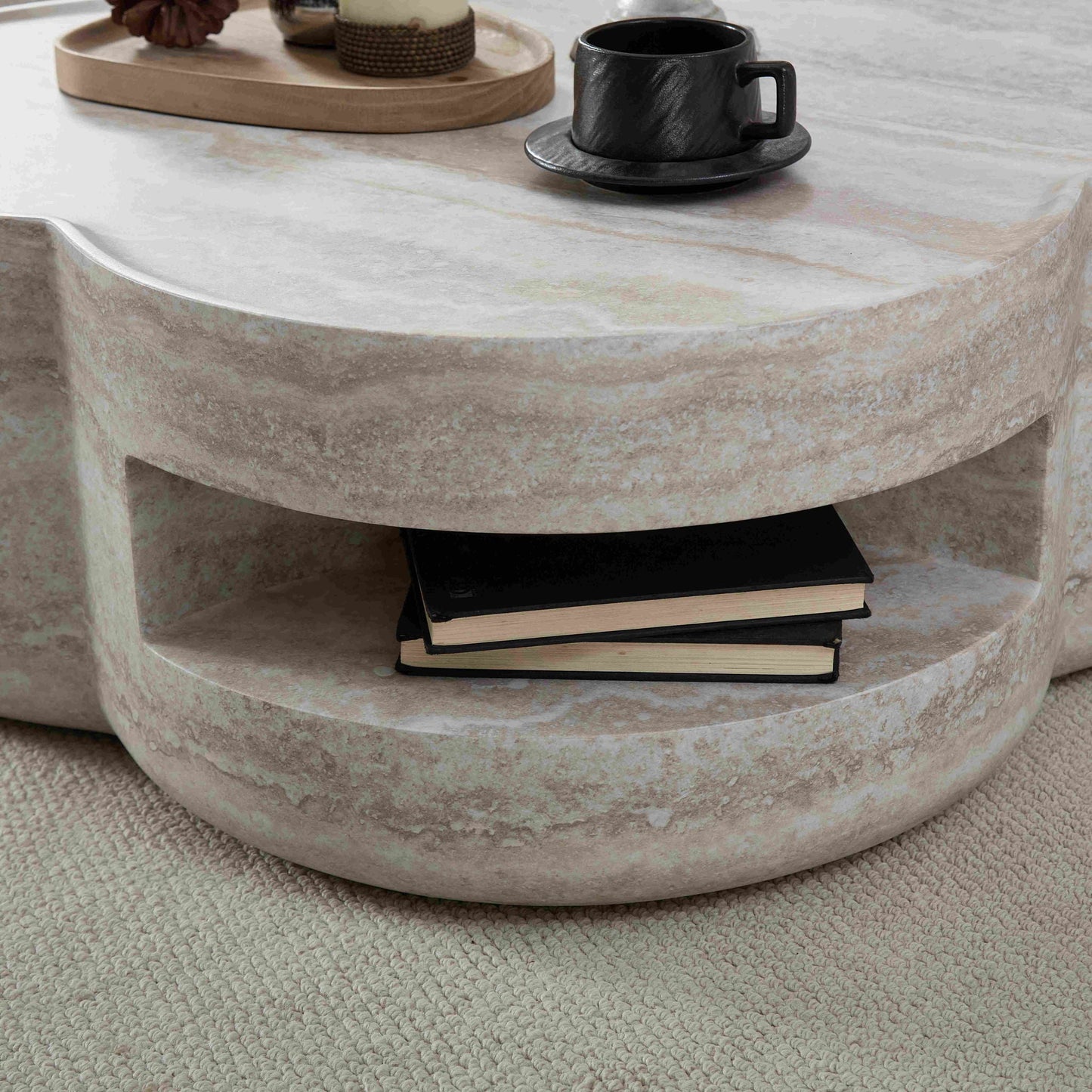 Clover Round Coffee Table With Open Storage - Marble