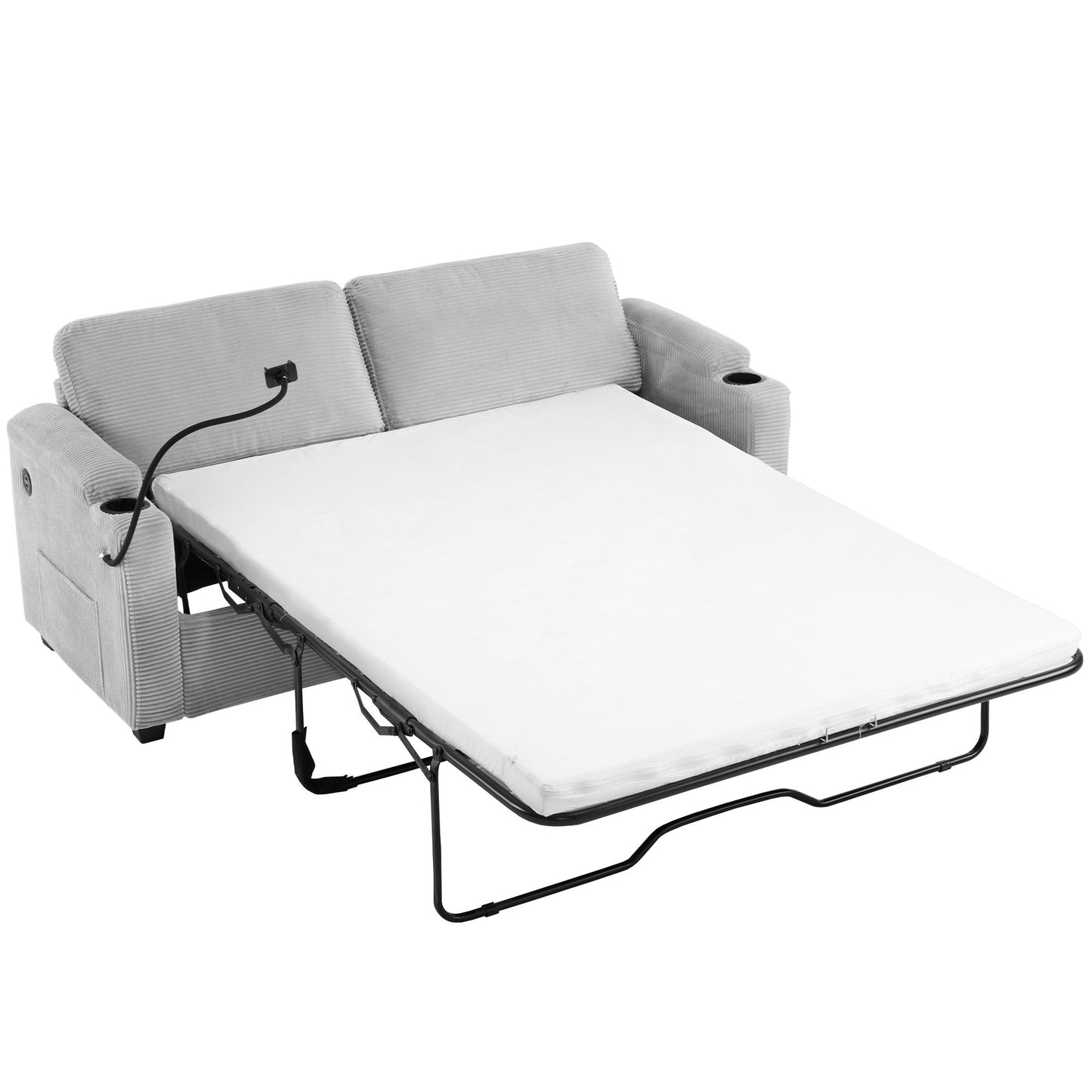 Sleeper Sofa Loveseat Sofa With Full Size Mattress, 2 USB Ports, 2 Cup Holders, 2 Side Pockets And Phone Holder