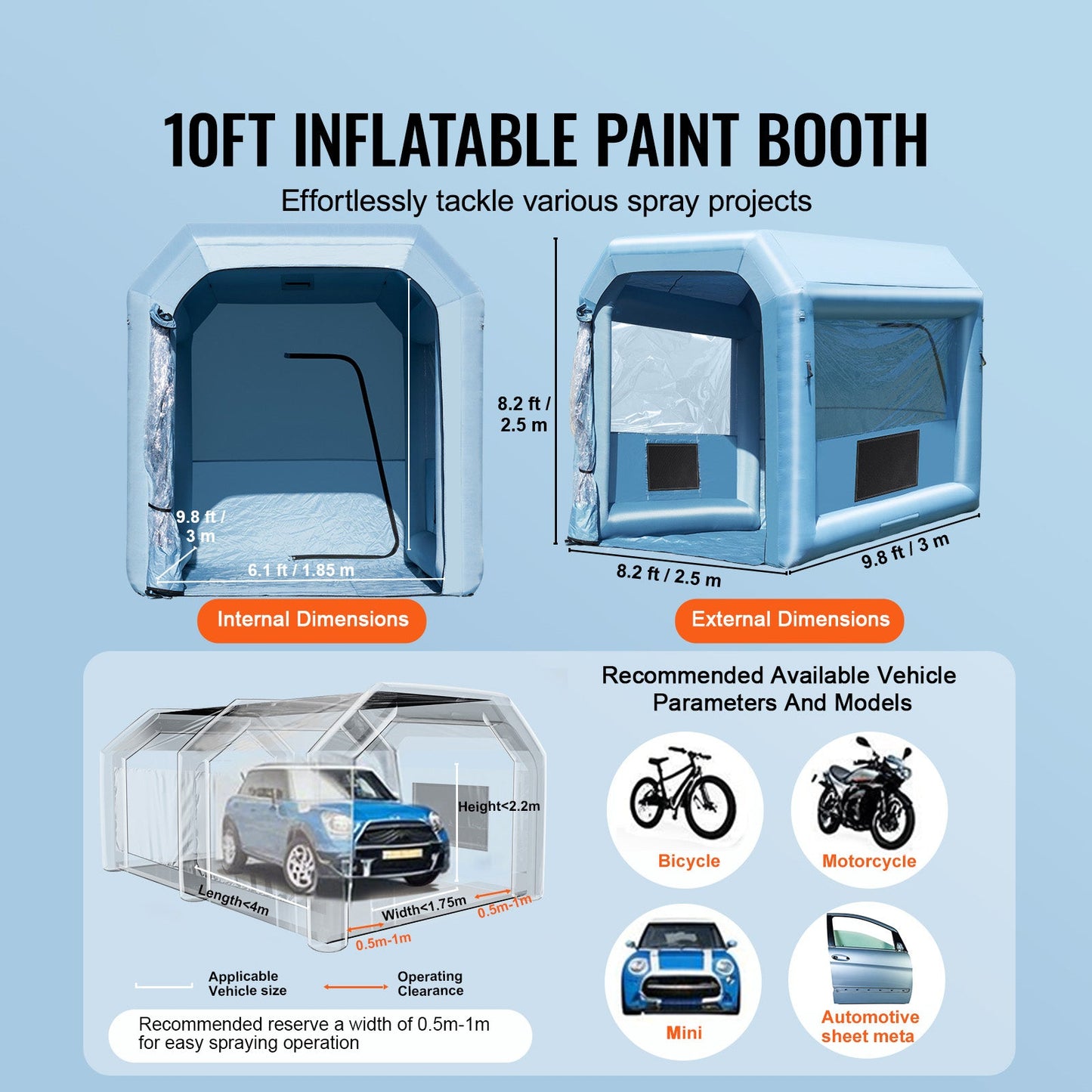 Inflatable Paint Booth, 9.8 x 8.2 x 8.2 ft with Powerful Blower and Air Filter System